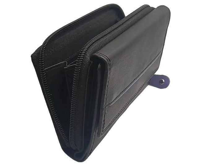 Euroborse Ladies RFID Black Leather Bi-Fold Purse With Purple Trim Zip Fasten ANTI THEFT  Coin Card Holder
