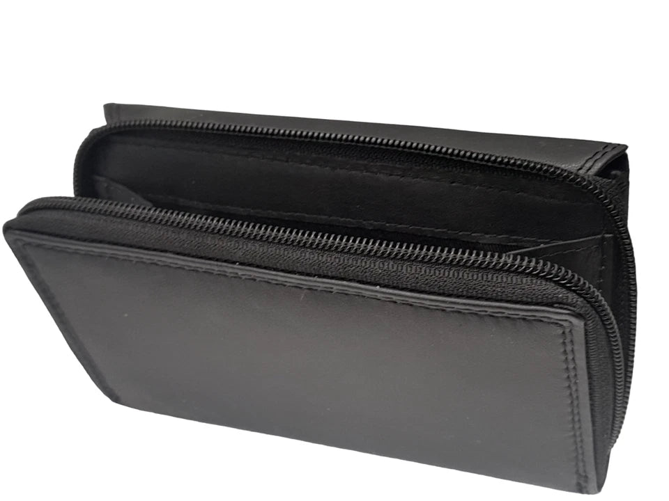 Euroborse Ladies RFID Black Leather Bi-Fold Purse With Purple Trim Zip Fasten ANTI THEFT  Coin Card Holder