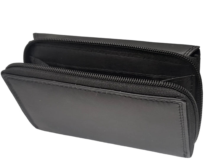 Euroborse Ladies RFID Black Leather Bi-Fold Purse With Purple Trim Zip Fasten ANTI THEFT  Coin Card Holder