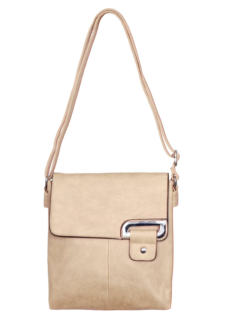 Long & Son Ladies Large Cross Body Shoulder Bag Handbag With Flap Multi Pockets Adjustable Strap Beige