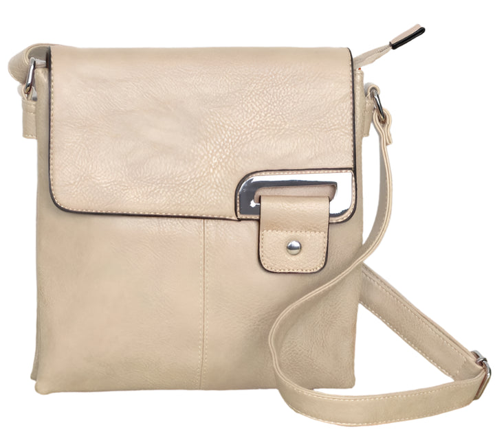 Long & Son Ladies Large Cross Body Shoulder Bag Handbag With Flap Multi Pockets Adjustable Strap Beige
