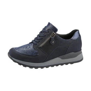 Waldlaufer Hiroko Ladies Wide Fit Trainers Nubuck With Snake Print Stretch Panel Lace Up & Adjustable Fastening NAVY