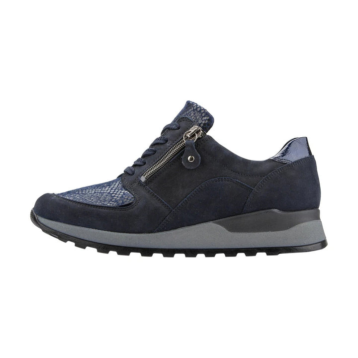 Waldlaufer Hiroko Ladies Wide Fit Trainers Nubuck With Snake Print Stretch Panel Lace Up & Adjustable Fastening NAVY