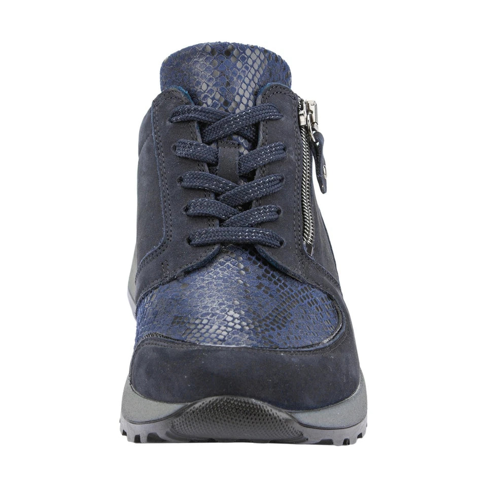 Waldlaufer Hiroko Ladies Wide Fit Trainers Nubuck With Snake Print Stretch Panel Lace Up & Adjustable Fastening NAVY