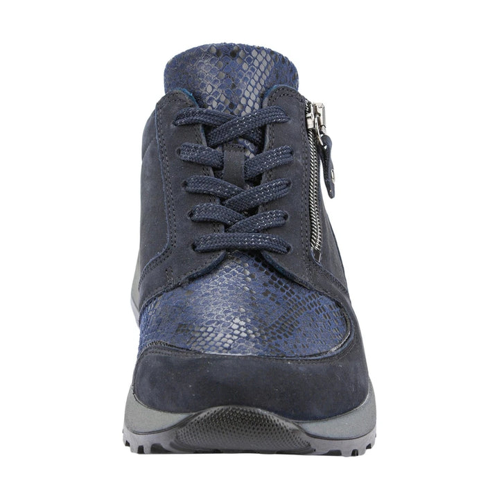 Waldlaufer Hiroko Ladies Wide Fit Trainers Nubuck With Snake Print Stretch Panel Lace Up & Adjustable Fastening NAVY