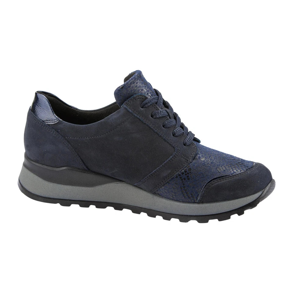 Waldlaufer Hiroko Ladies Wide Fit Trainers Nubuck With Snake Print Stretch Panel Lace Up & Adjustable Fastening NAVY