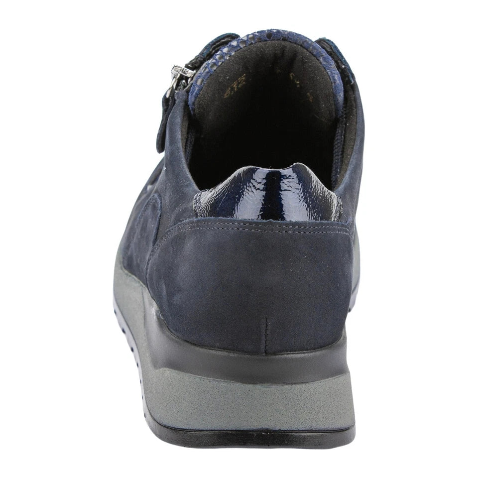 Waldlaufer Hiroko Ladies Wide Fit Trainers Nubuck With Snake Print Stretch Panel Lace Up & Adjustable Fastening NAVY
