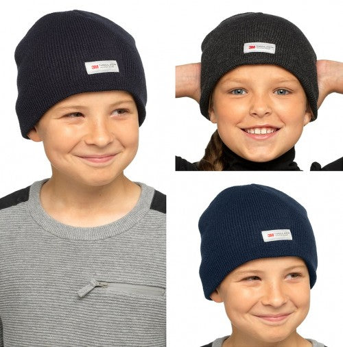 HeatGuard Kids Thinsulate Thermal Beanie Hat Black Navy Or Grey