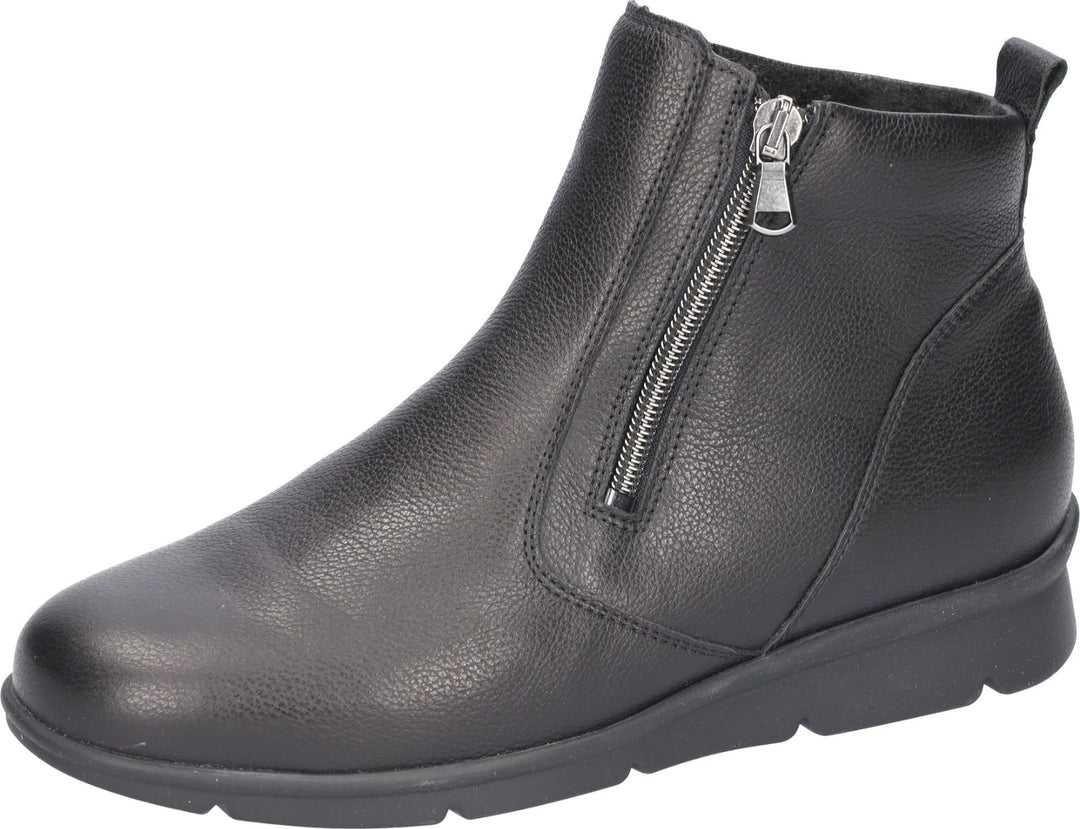 Waldlaufer INGA Ladies K Wide (EE) Fit Black Leather Warm Lined Double Zip Fasten Ankle Boots