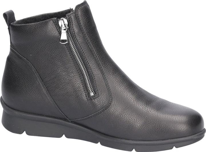 Waldlaufer INGA Ladies K Wide (EE) Fit Black Leather Warm Lined Double Zip Fasten Ankle Boots