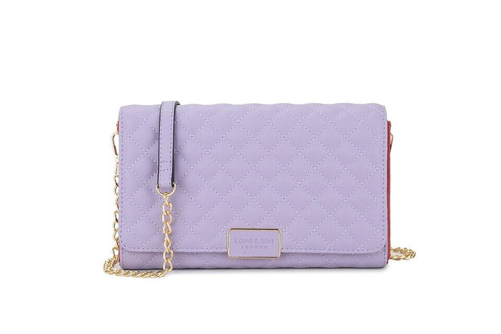 Long & Son Quilted Clutch Crossbody Handbag Strap Chain Card Pockets Purple