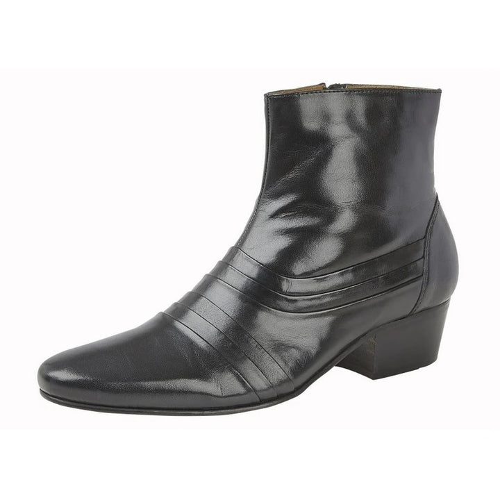 Kensington MK008 Mens Cuban Heel Black Pleated  Leather Zip Up Formal Dress Boots