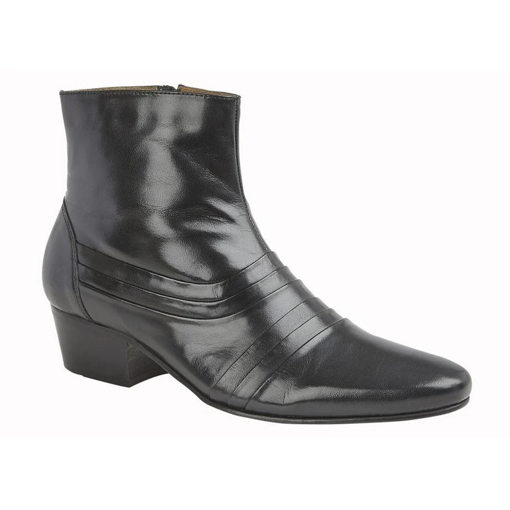 Kensington MK008 Mens Cuban Heel Black Pleated  Leather Zip Up Formal Dress Boots