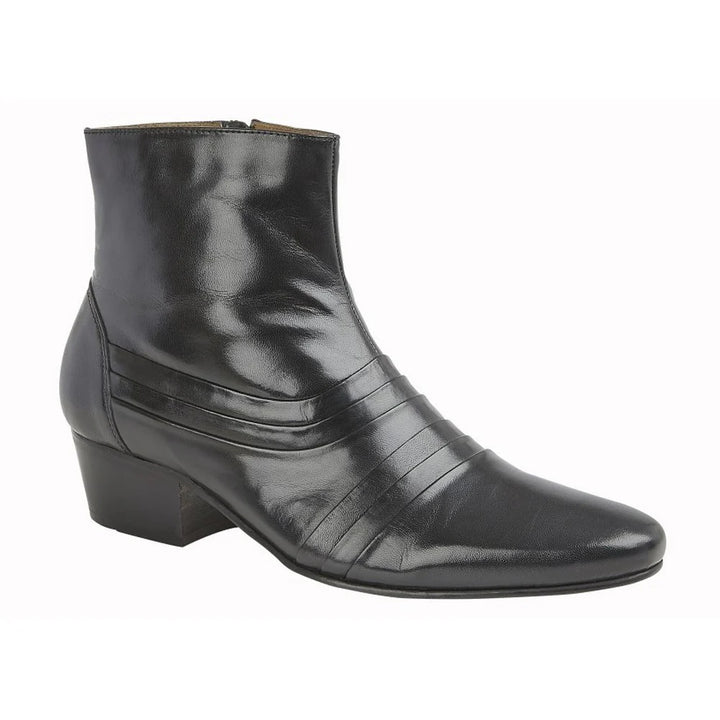 Kensington MK008 Mens Cuban Heel Black Pleated  Leather Zip Up Formal Dress Boots