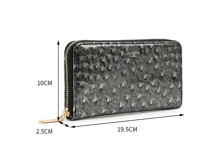 Long & Son Ladies Large Designer Inspired Ostrich Print Purse Coin Cash Change Credit Card Zip Black