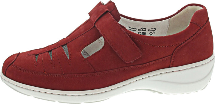 Waldlaufer Kya Womens Wide Fit Red Suede Leather T Bar Touch Fasten Wedge Heel Shoes