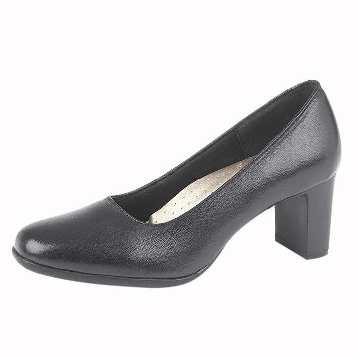 Mod Comfys L174 Ladies Black Leather Mid Heel Plain Office/ Airport/ AirLine/ Work Court Shoes (Copy)