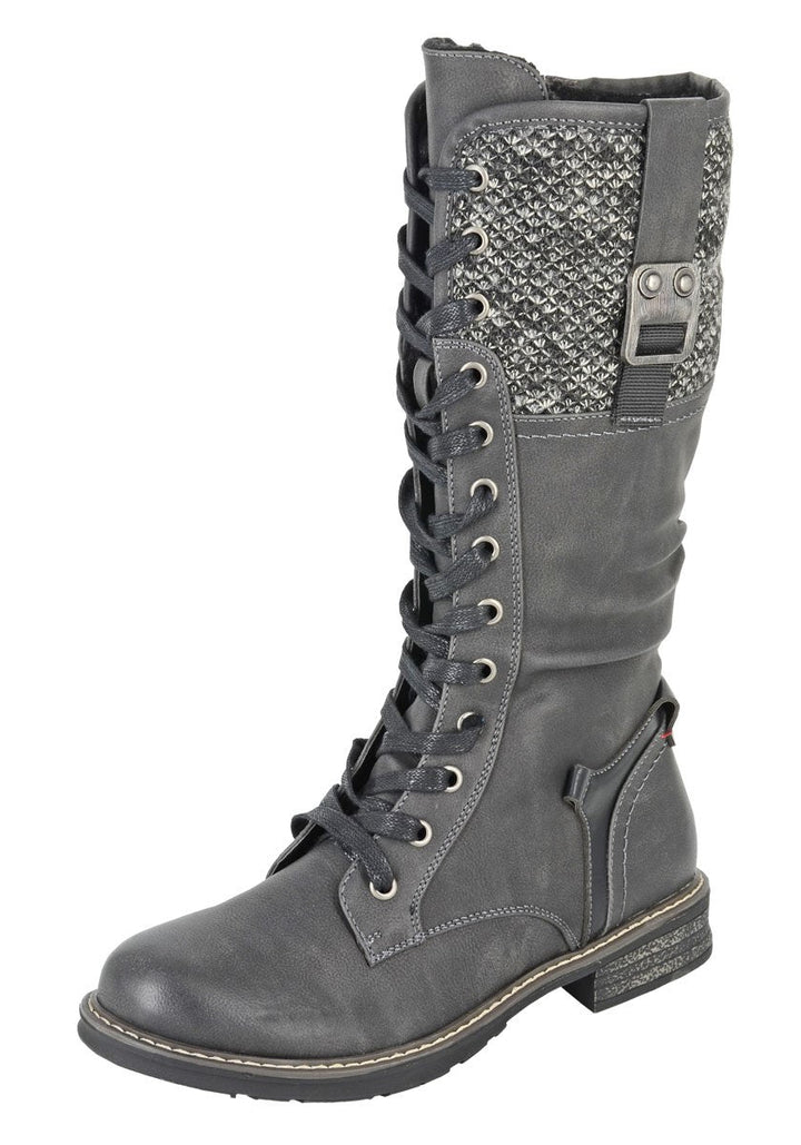 Cipriata L307 Ladies 3/4 Length Military Style Knitted Cuff Boots With Lace And Inside Zip Fastening Black