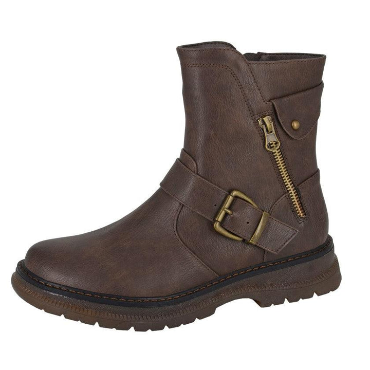Cipriata L320 Ladies Biker Style Faux Leather Ankle Boots With Zip Fastening And Rubber Soles Brown