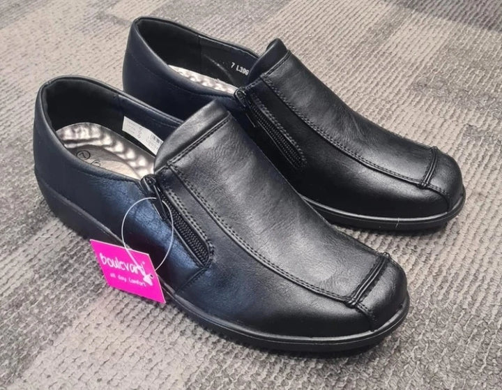 Boulevard L399 Ladies Twin Zip Black Faux Leather Light Weight Wedge Shoes