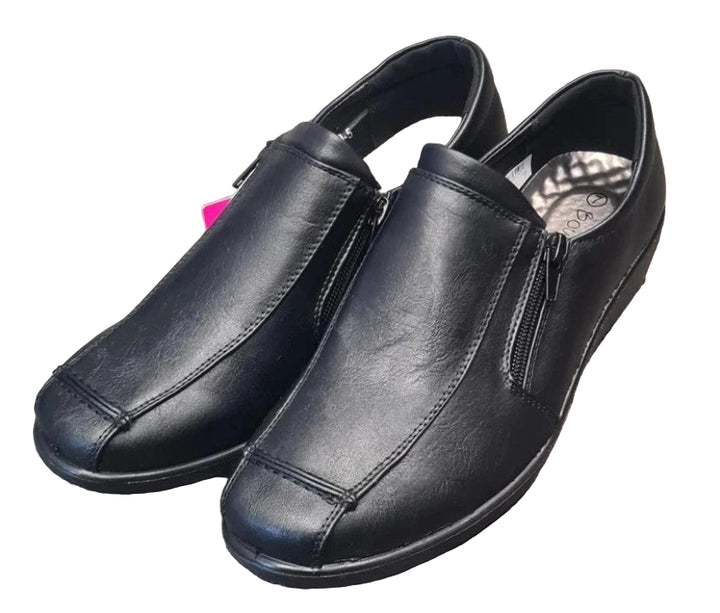 Boulevard L399 Ladies Twin Zip Black Faux Leather Light Weight Wedge Shoes