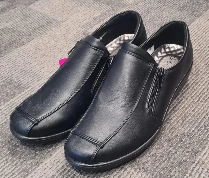 Boulevard L399 Ladies Twin Zip Black Faux Leather Light Weight Wedge Shoes