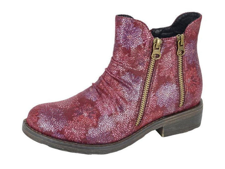 Cipriata L536 Ladies Floral Print Ankle Boots With Decorative Zips And Inside Zip Fastening Burgundy