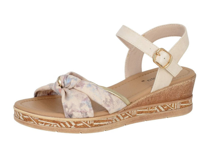 Cipriata L635 Sarina Ladies Low Wedge Light Weight Crossover Sandals With Buckle Ankle Strap Beige Metallic