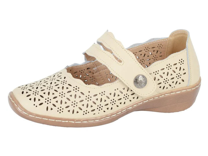 Boulevard L641BE Womens Leather Beige Touch Fasten Bar Perforated Casual Shoes