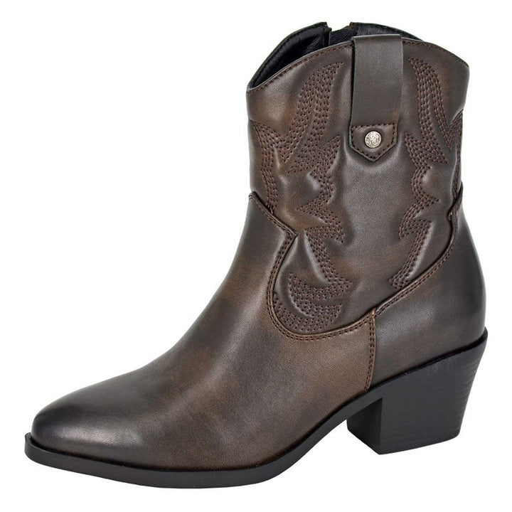 Cipriata L717 Ladies Western Style Ankle Height Embroidered Antique Effect Brown Cowboy Boots With Pull On Tabs Zip Fastening