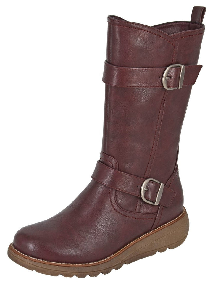 Cipriata ARCISA L741 Ladies Burgundy Red Wide Adjustable Calf Double Buckle 3/4 Length Leg Wedge Boots