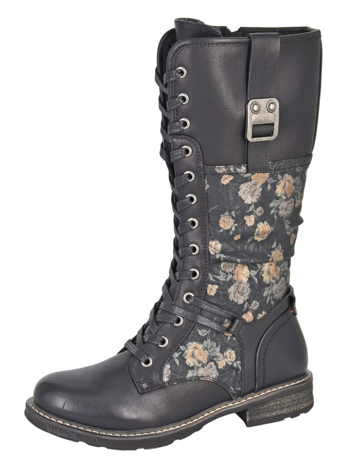 Cipriata L755 Ladies 3/4 Length Military Style Floral Print Boots With Lace And Inside Zip Fastening Black (Copy)