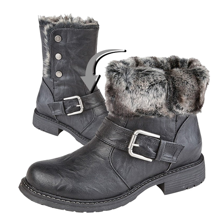 Cipriata L830 Ladies Warm Faux Fur Lined Black 2 in 1 Biker Style Boots With Faux Fur Cuff