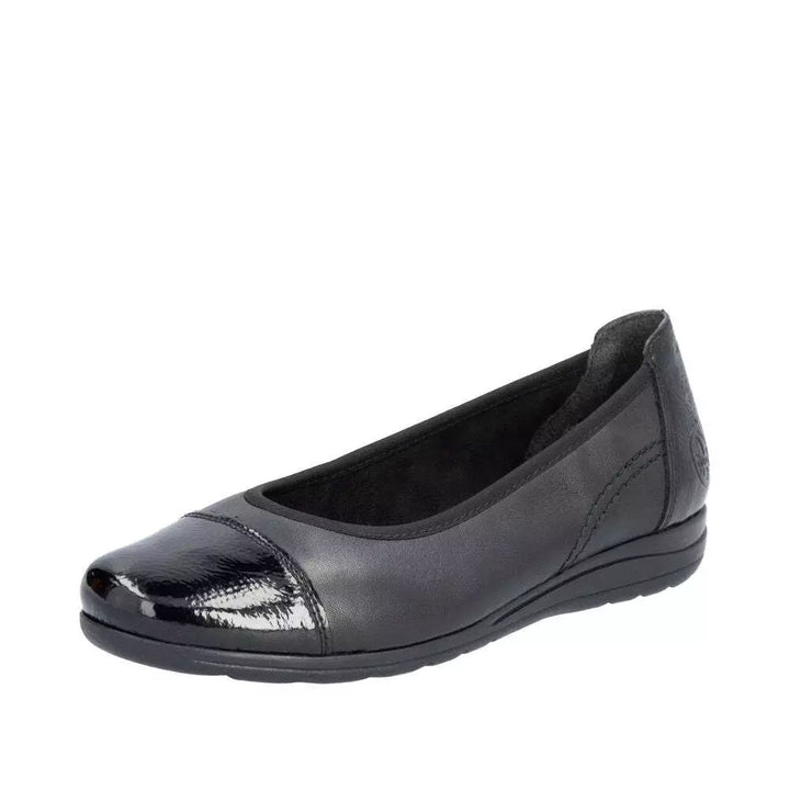 Rieker Antistress L9351 Ladies Black Leather Softee Pump Shoes With Patent Toe Cap