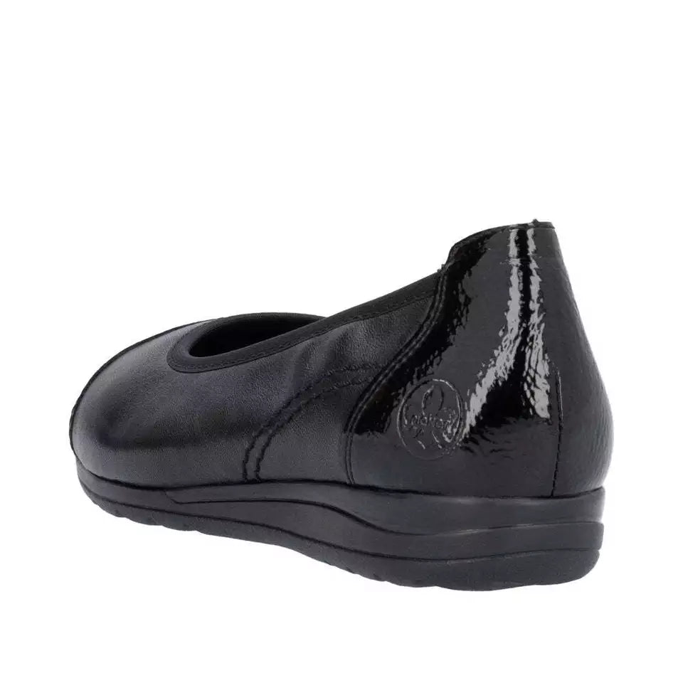 Rieker Antistress L9351 Ladies Black Leather Softee Pump Shoes With Patent Toe Cap