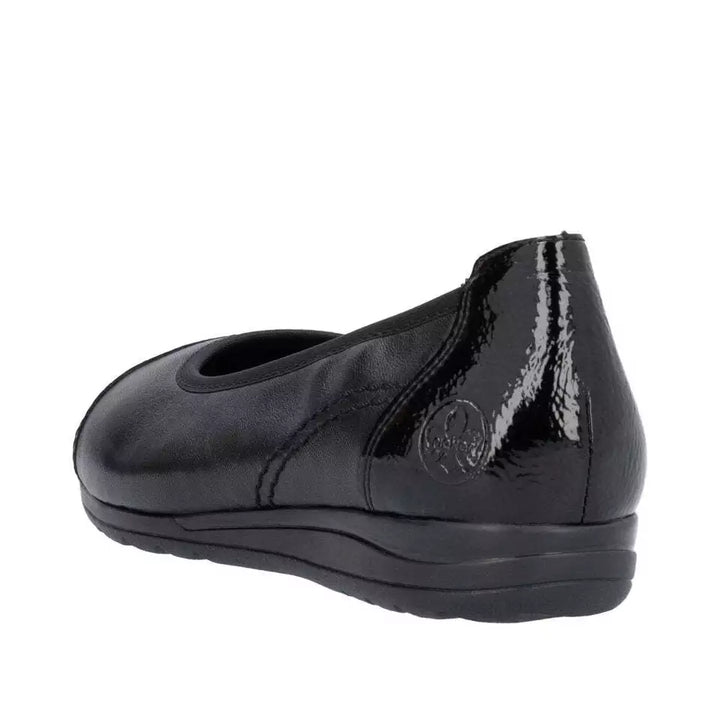 Rieker Antistress L9351 Ladies Black Leather Softee Pump Shoes With Patent Toe Cap