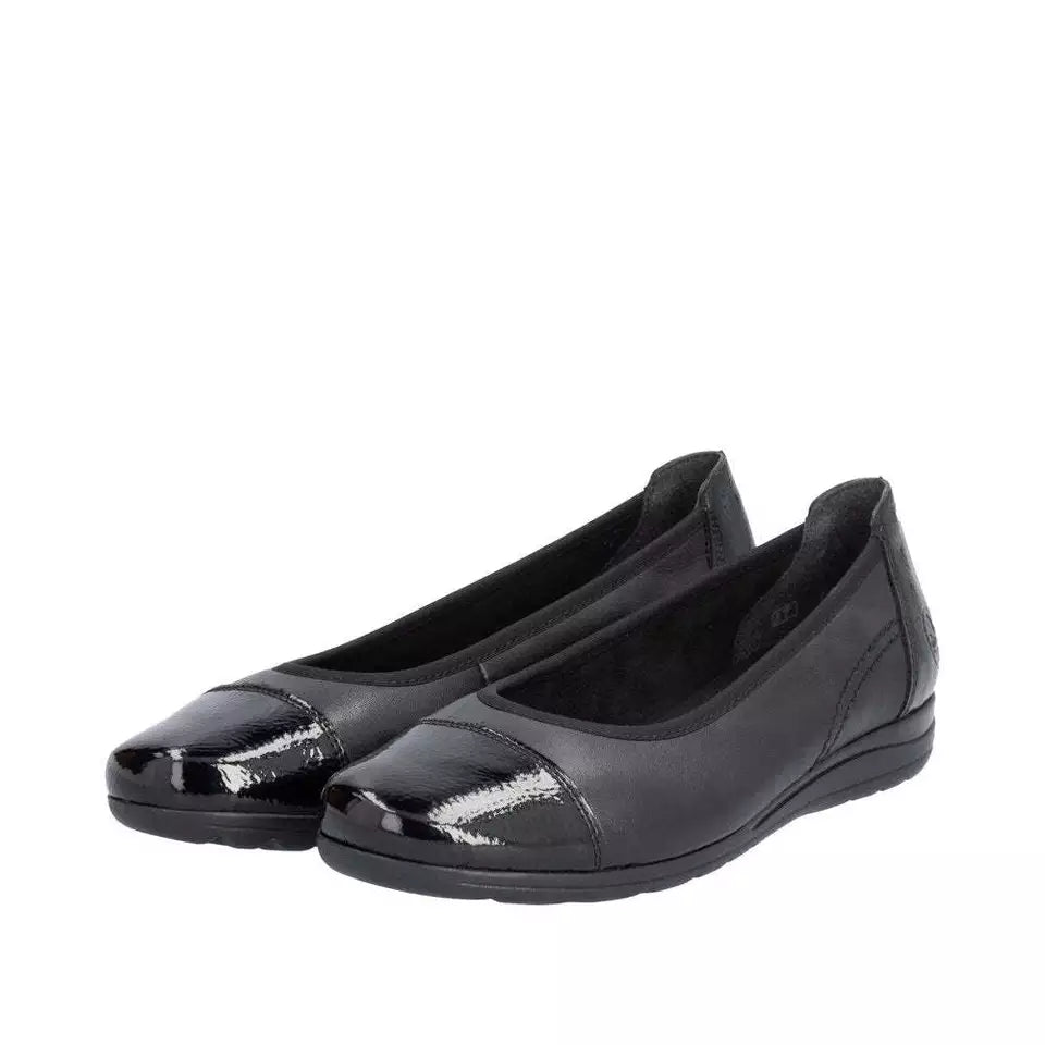 Rieker Antistress L9351 Ladies Black Leather Softee Pump Shoes With Patent Toe Cap