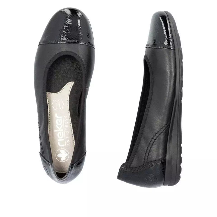 Rieker Antistress L9351 Ladies Black Leather Softee Pump Shoes With Patent Toe Cap