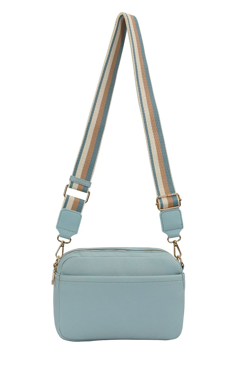GESSY LADIES DOUBLE ZIP CROSS BODY SHOULDER BAG WITH FRONT/ BACK POCKETS, ADJUSTABLE FABRIC STRAP LIGHT BLUE