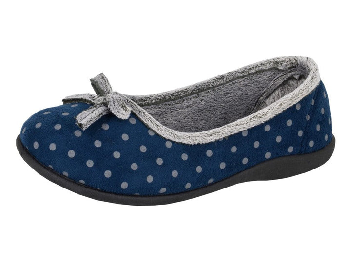 Sleepers LS325 Louise Ladies Memory Foam Navy Polka Dot Faux Fur Soft Dolly Style Slippers