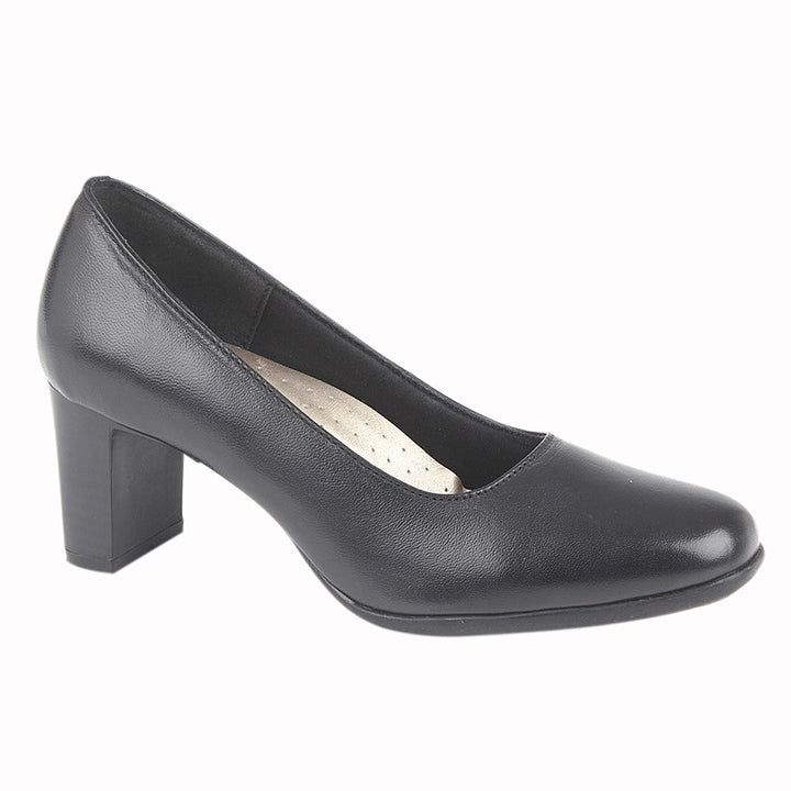 Mod Comfys L174 Ladies Black Leather Mid Heel Plain Office/ Airport/ AirLine/ Work Court Shoes (Copy)
