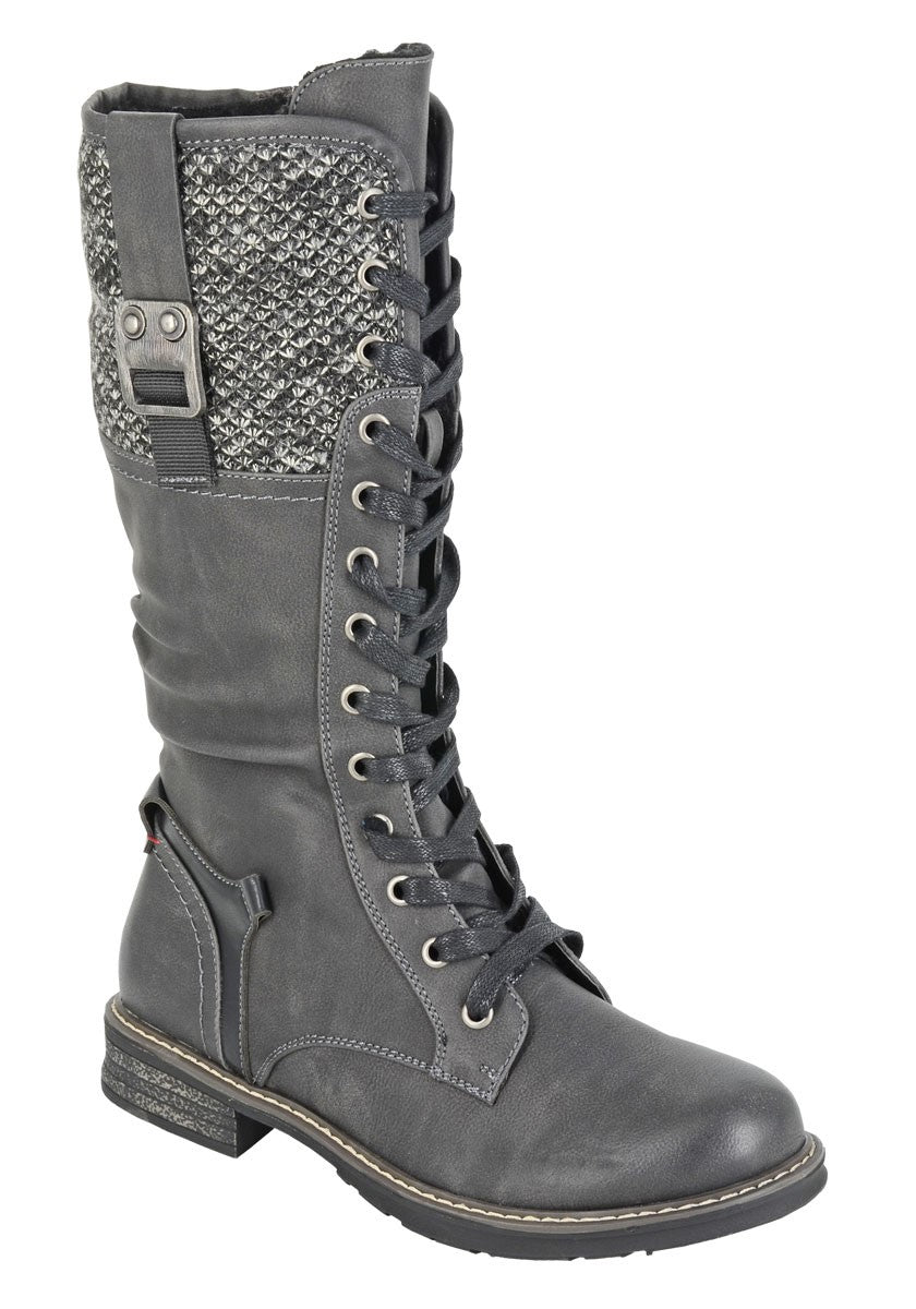 Cipriata L307 Ladies 3/4 Length Military Style Knitted Cuff Boots With Lace And Inside Zip Fastening Black