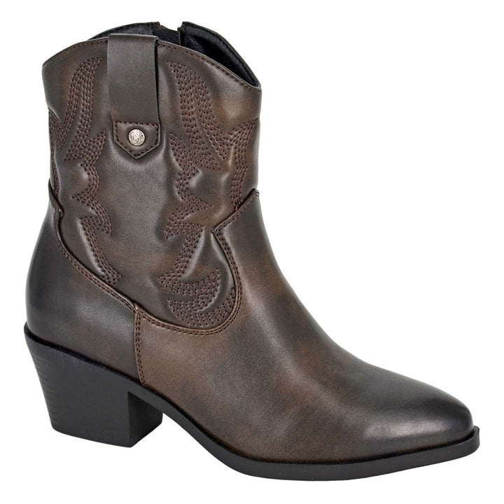 Cipriata L717 Ladies Western Style Ankle Height Embroidered Antique Effect Brown Cowboy Boots With Pull On Tabs Zip Fastening