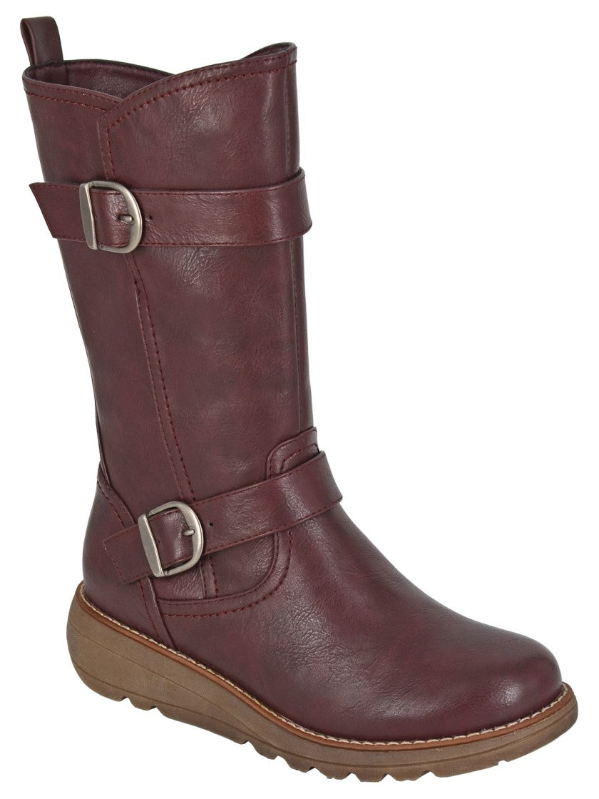 Cipriata ARCISA L741 Ladies Burgundy Red Wide Adjustable Calf Double Buckle 3/4 Length Leg Wedge Boots