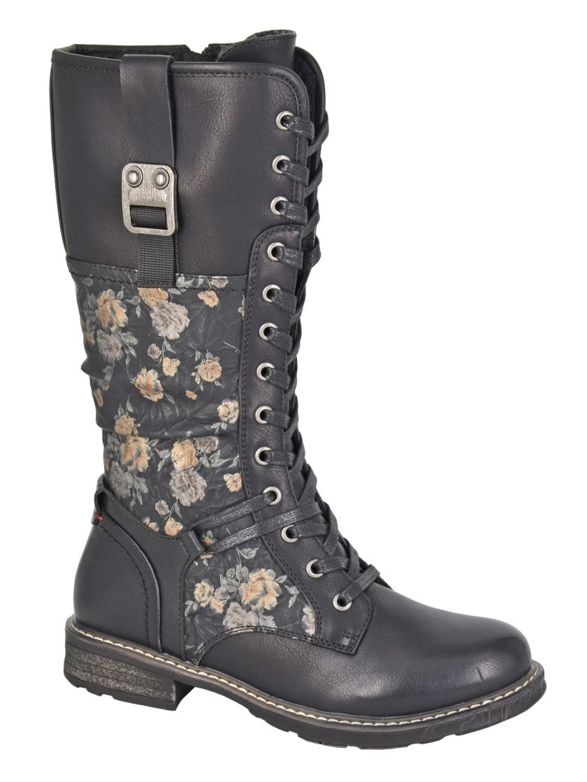 Cipriata L755 Ladies 3/4 Length Military Style Floral Print Boots With Lace And Inside Zip Fastening Black (Copy)