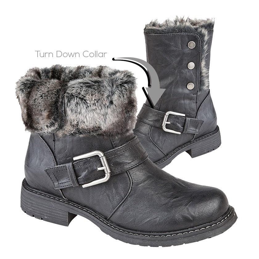 Cipriata L830 Ladies Warm Faux Fur Lined Black 2 in 1 Biker Style Boots With Faux Fur Cuff