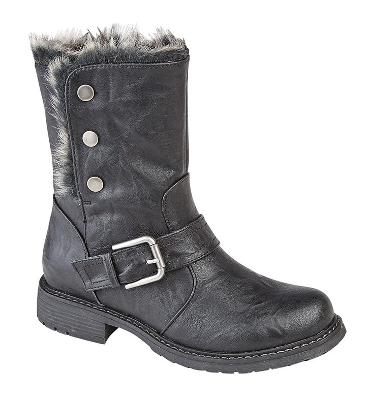 Cipriata L830 Ladies Warm Faux Fur Lined Black 2 in 1 Biker Style Boots With Faux Fur Cuff
