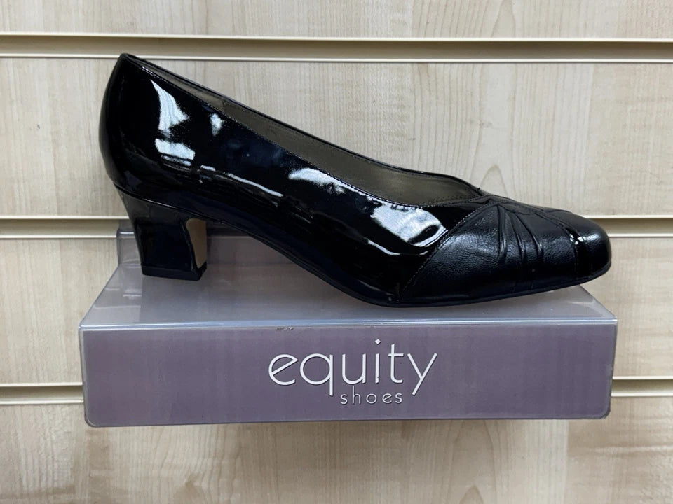 Equity Monique Ladies WIDE E FIT Classc Black Patent Leather Mid Heel Court Shoes Vintage Style