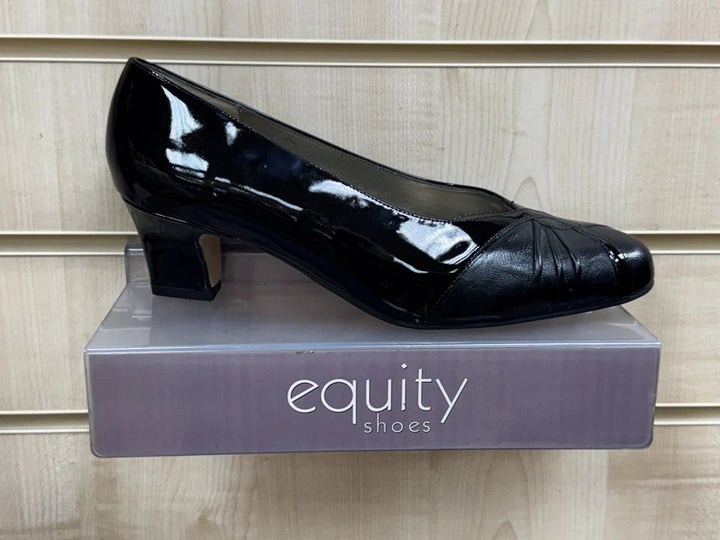 Equity Monique Ladies WIDE E FIT Classc Black Patent Leather Mid Heel Court Shoes Vintage Style