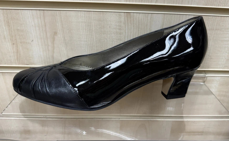 Equity Monique Ladies WIDE E FIT Classc Black Patent Leather Mid Heel Court Shoes Vintage Style